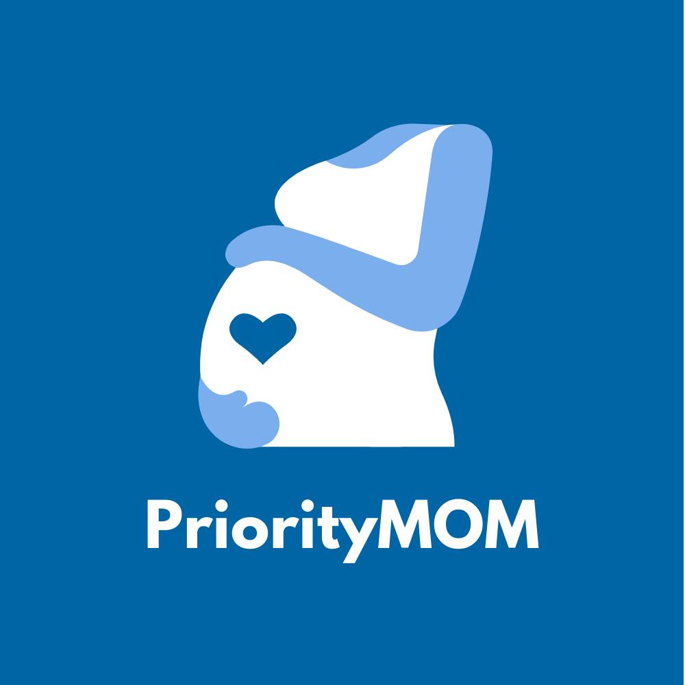 A digital graphic of a woman holding her pregnant belly, along with the words "Priority MOM"